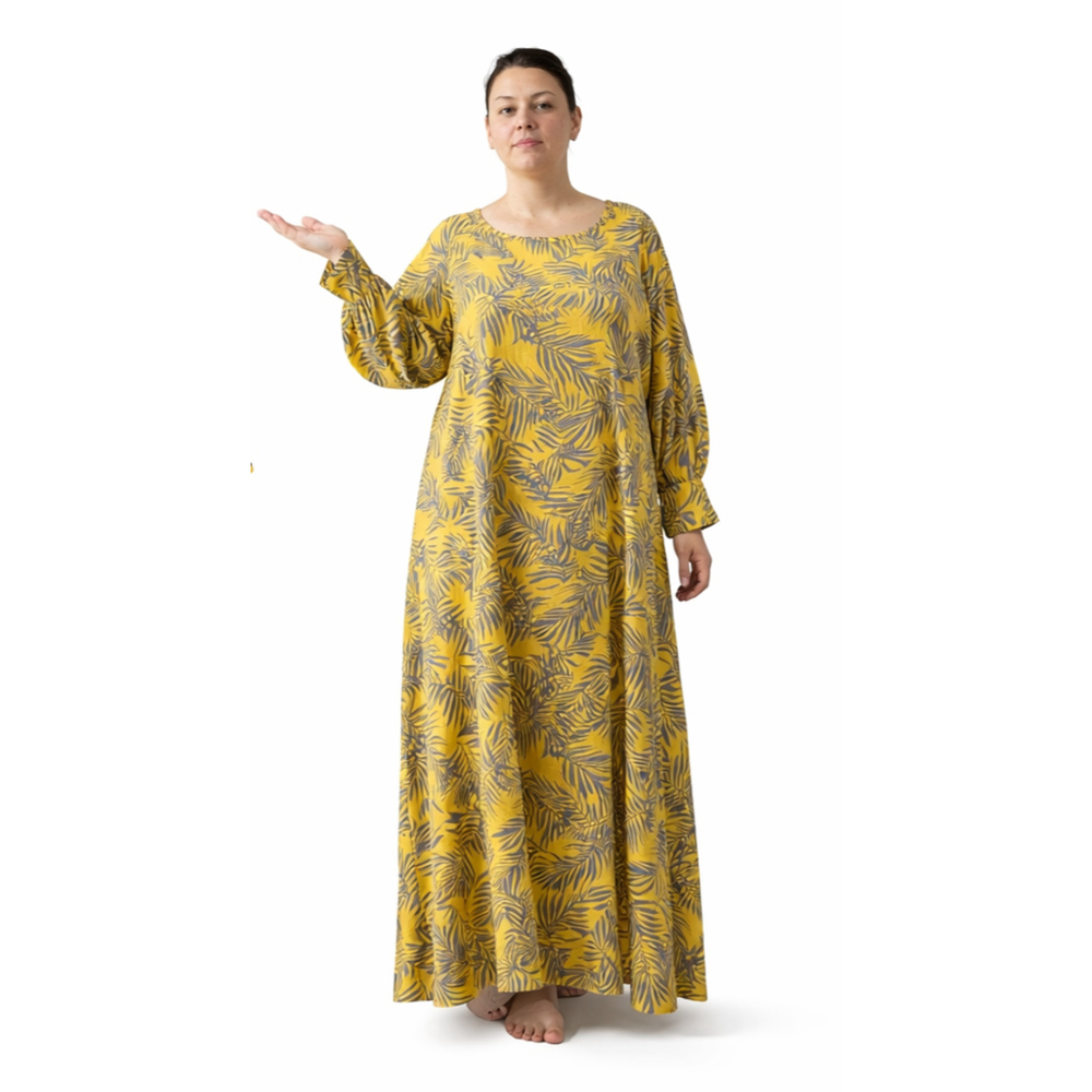 Osadia Handmade Yellow Palm Leaf Maxi Dress Size XXL Boho Tie Back